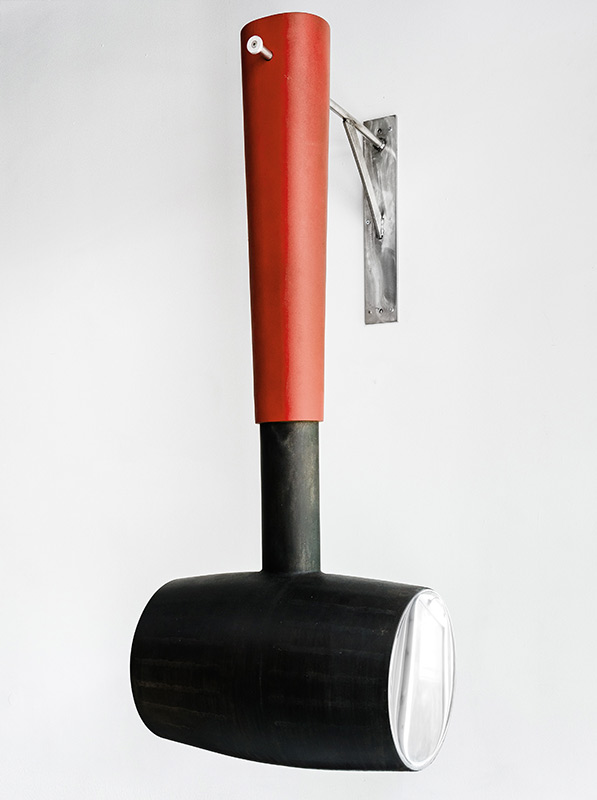 Gavel (Device to Execute) 2025 | patinaed and mirror polished aluminum, paint, flex seal 62 x 16 x 25 in Gavel (Device to Execute)